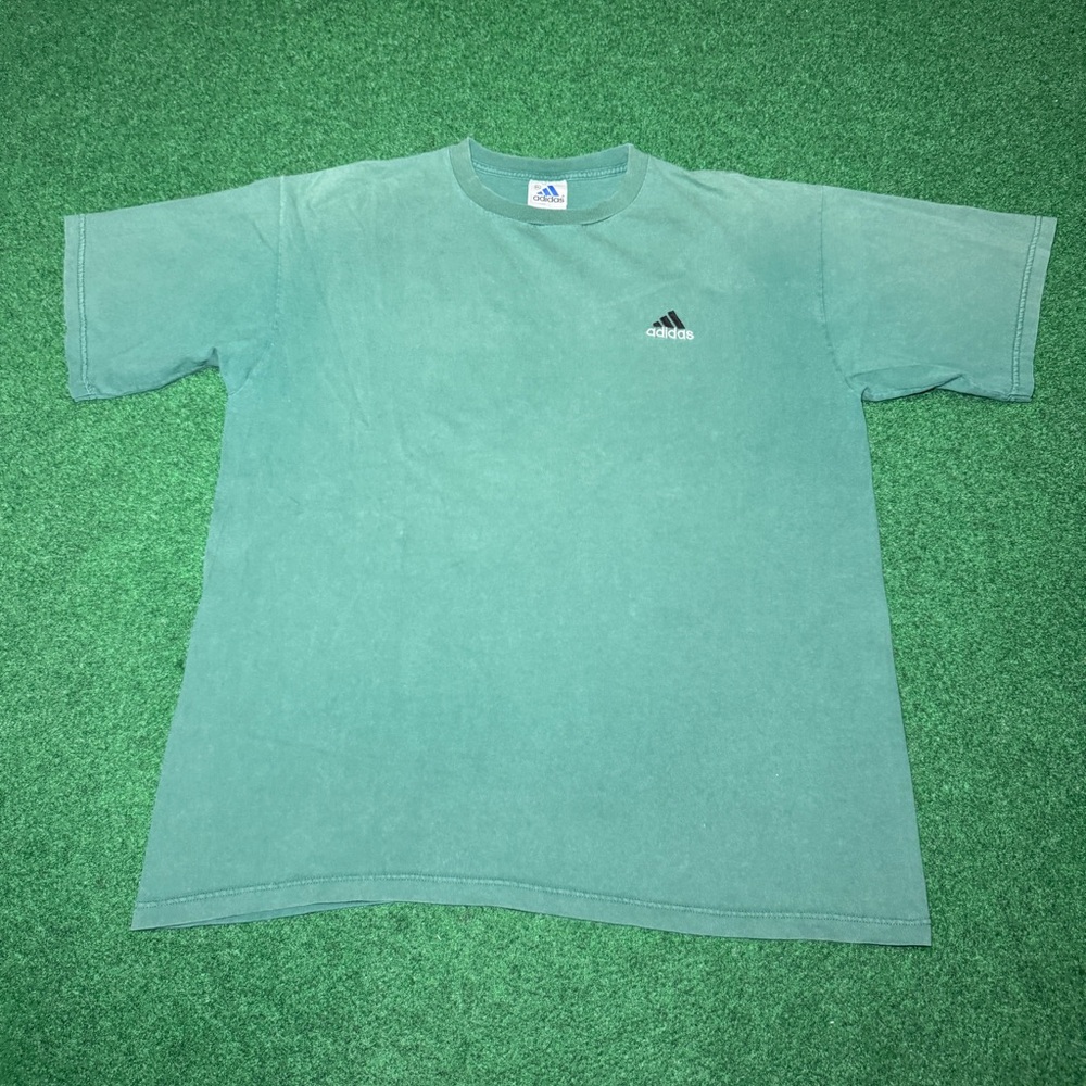 Vintage 90s Adidas Green Faded XL Mens USA Made Minimalist Embroidered T Shirt